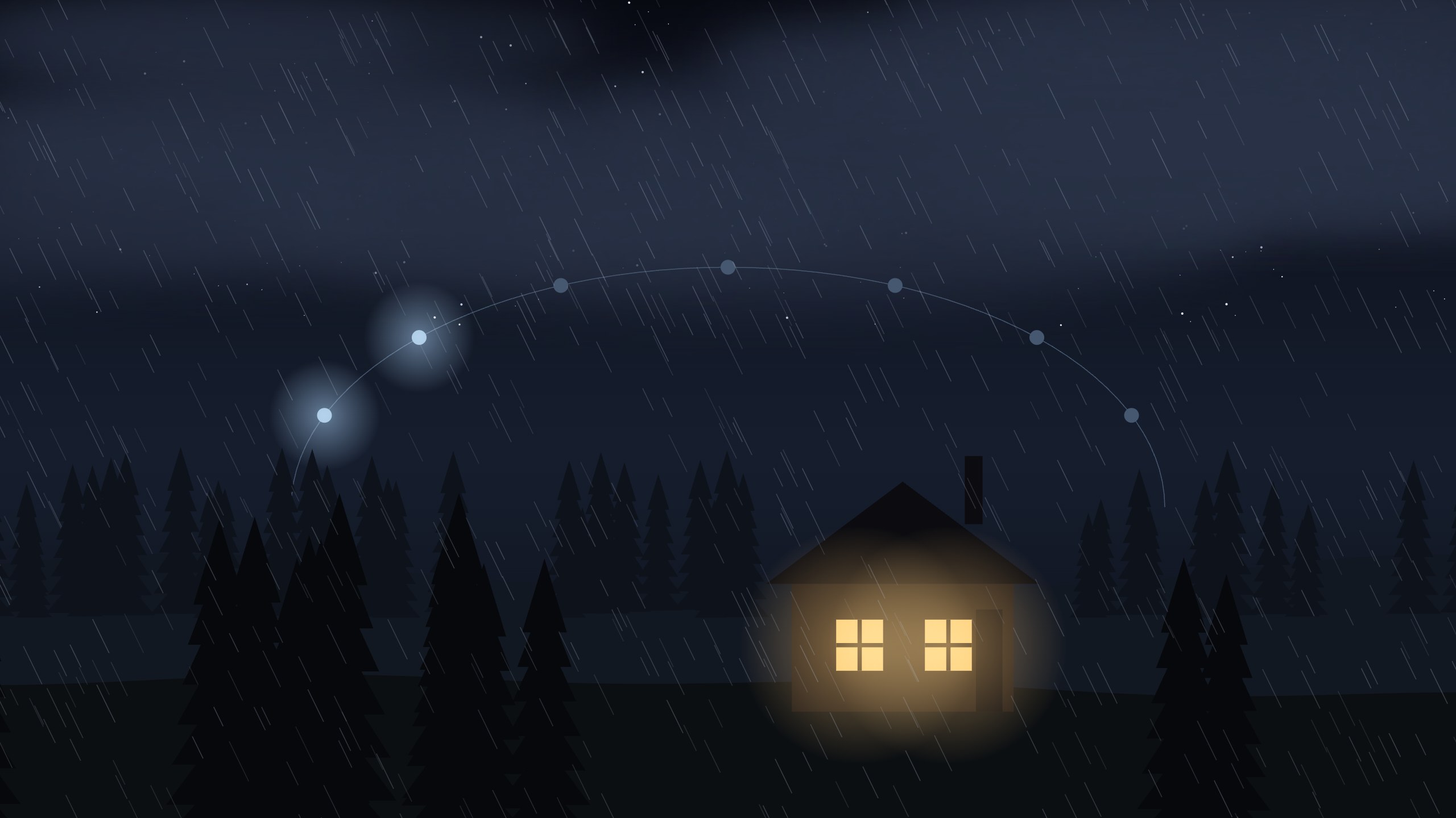 An autumn storm at night over a lit cabin in a spruce forest, under an arc of seven lights, the first two glowing.