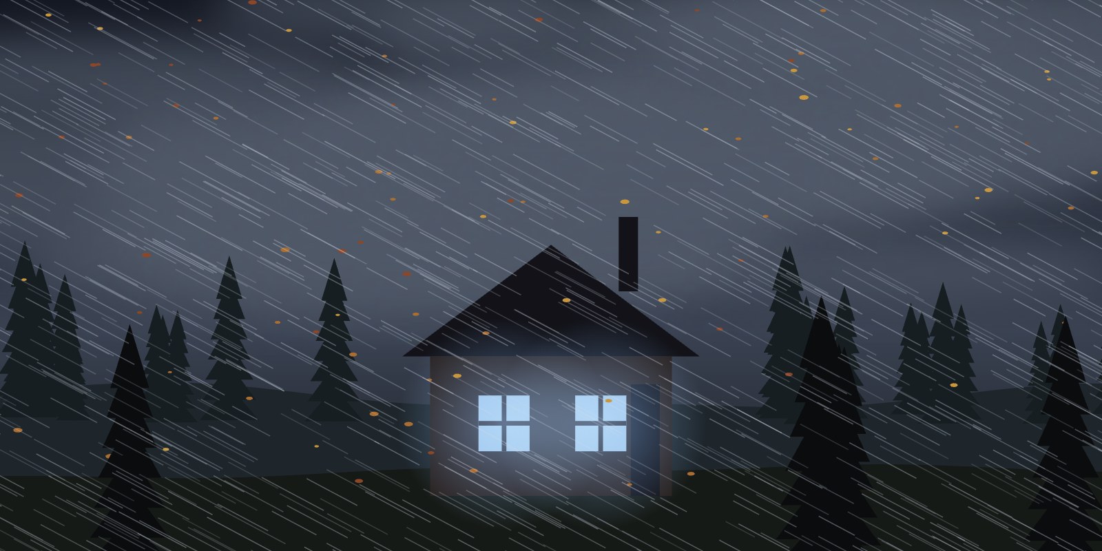 Morning storm: rain and falling leaves around a cabin whose windows glow with screen light.