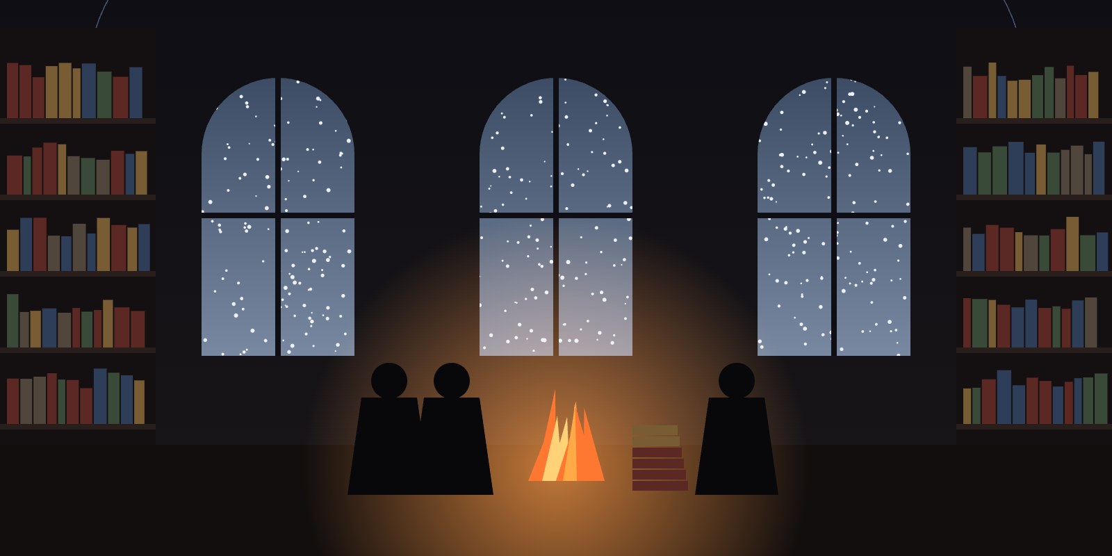 A snowbound library at night: arched windows, bookshelves, and survivors around a fire of books.