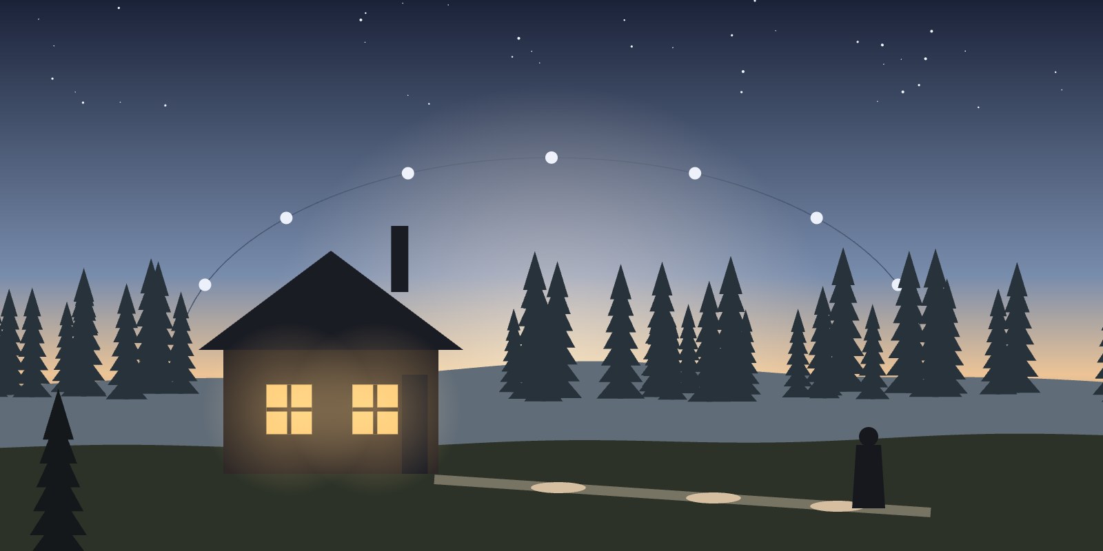 After the storm: dawn over the cabin, all seven lights of the arc lit, a figure walking the path to the shop.