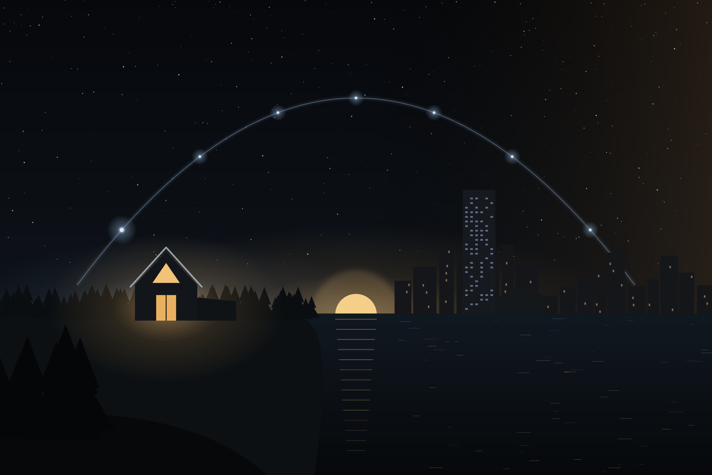 Illustration: at the equinox the sun sits exactly on the horizon between a lit cabin in a Finnish forest and the New York skyline across the water, under an arc of seven lights.