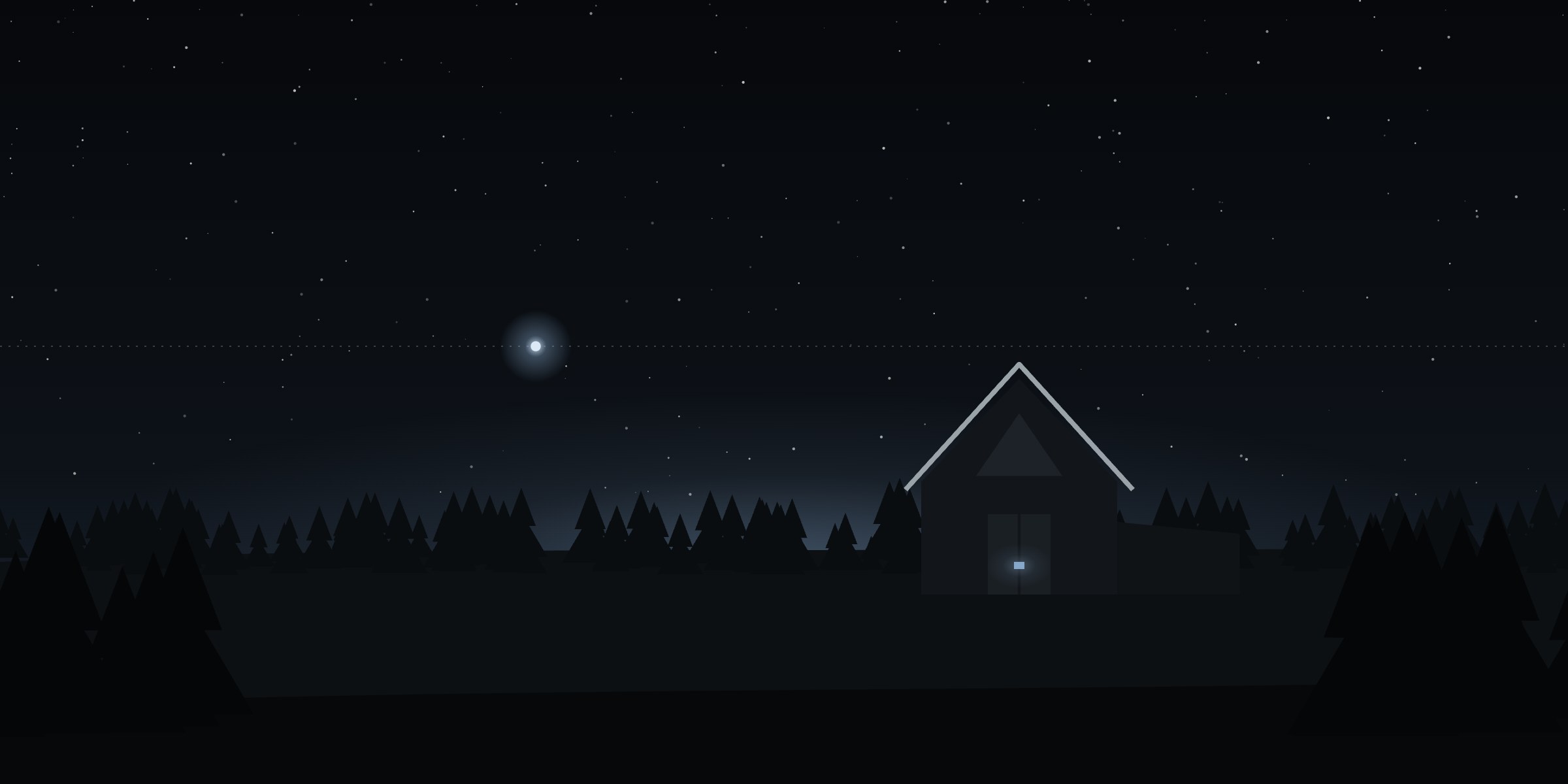 A dark cabin in a pine forest at night under a dotted equator line.