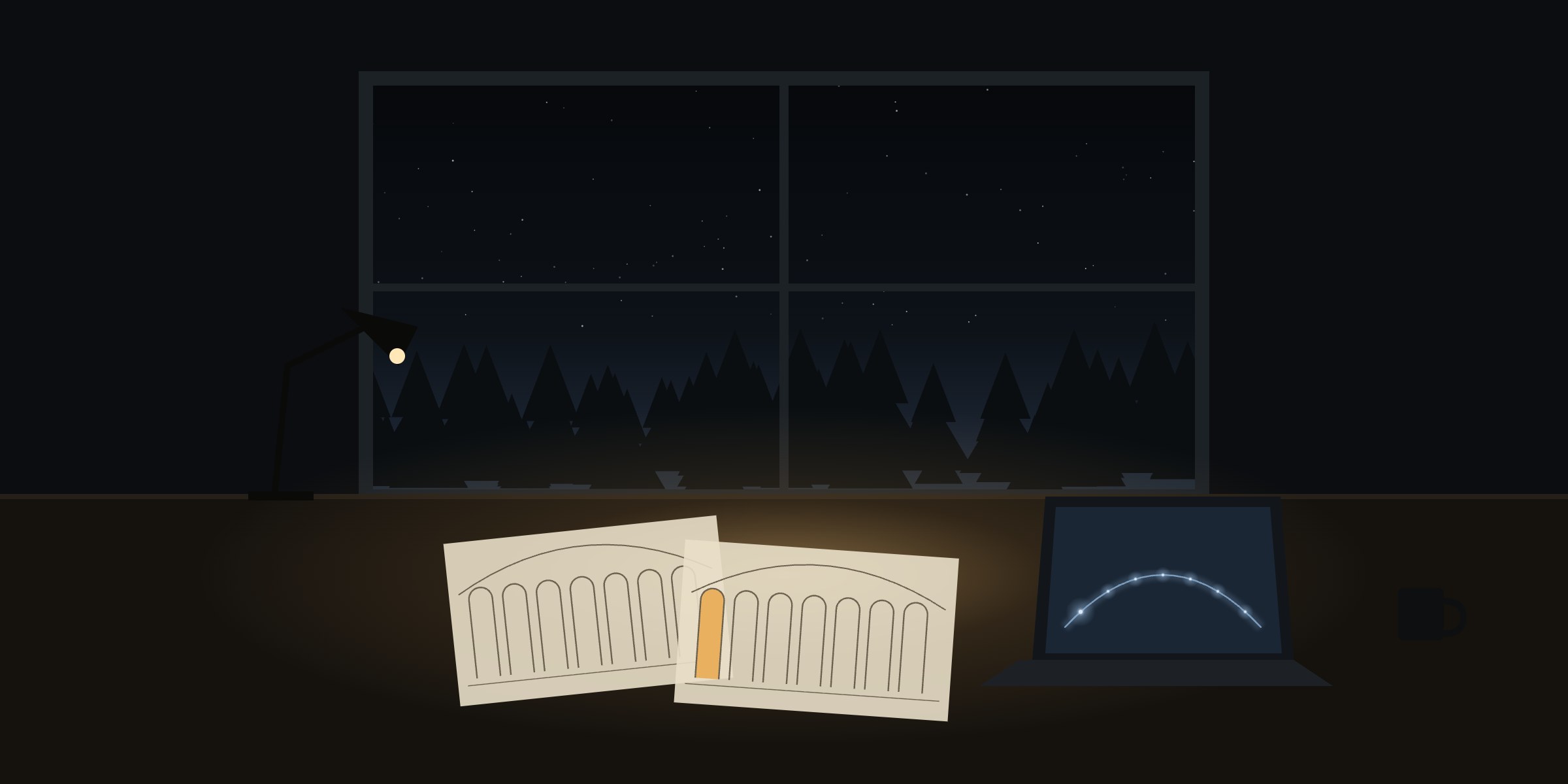 A desk by a night window with drawings of seven arches, the first one lit.