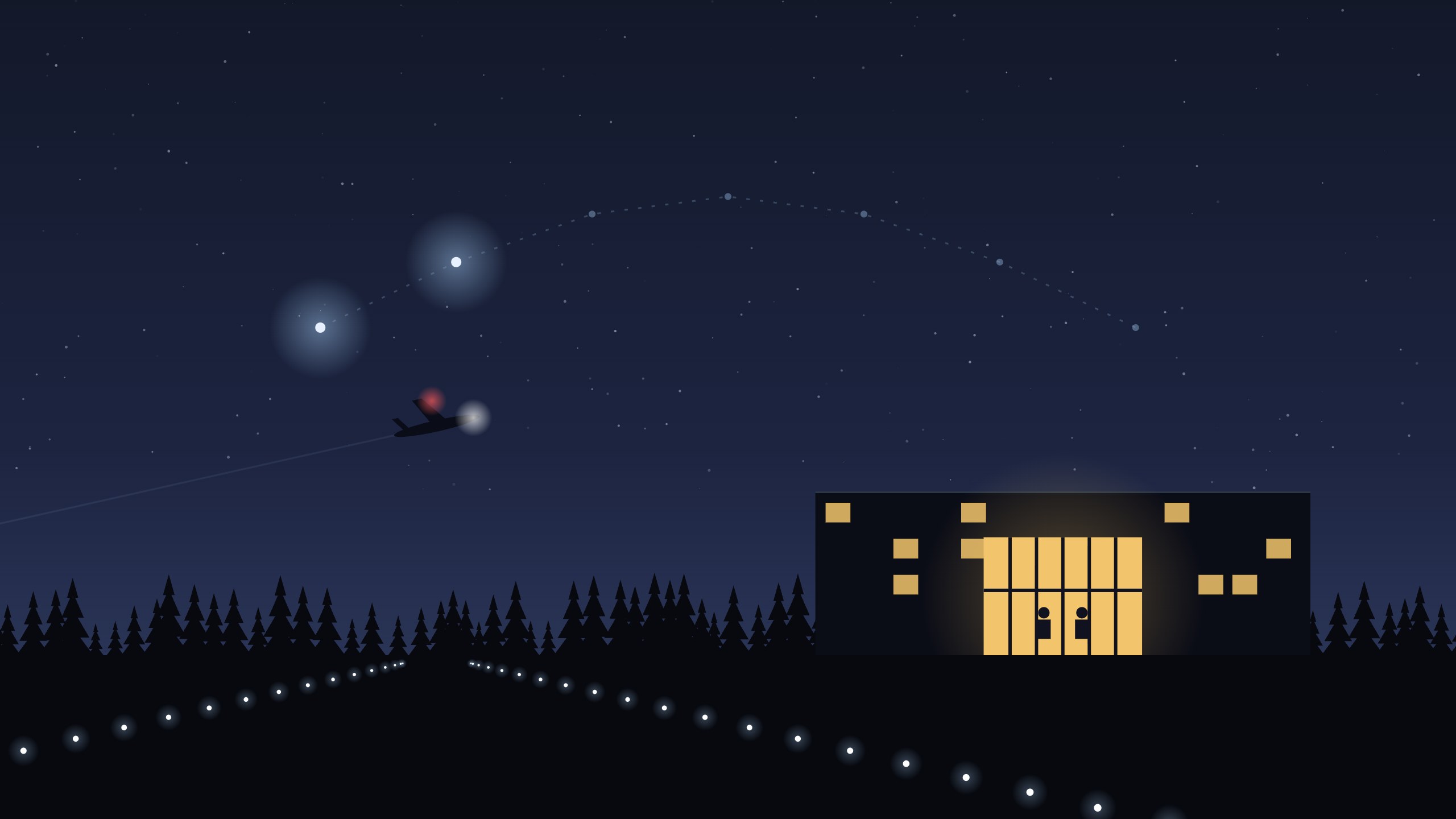 An airport hotel at night beside a lit runway, a plane climbing under an arc of seven lights, the first two glowing.