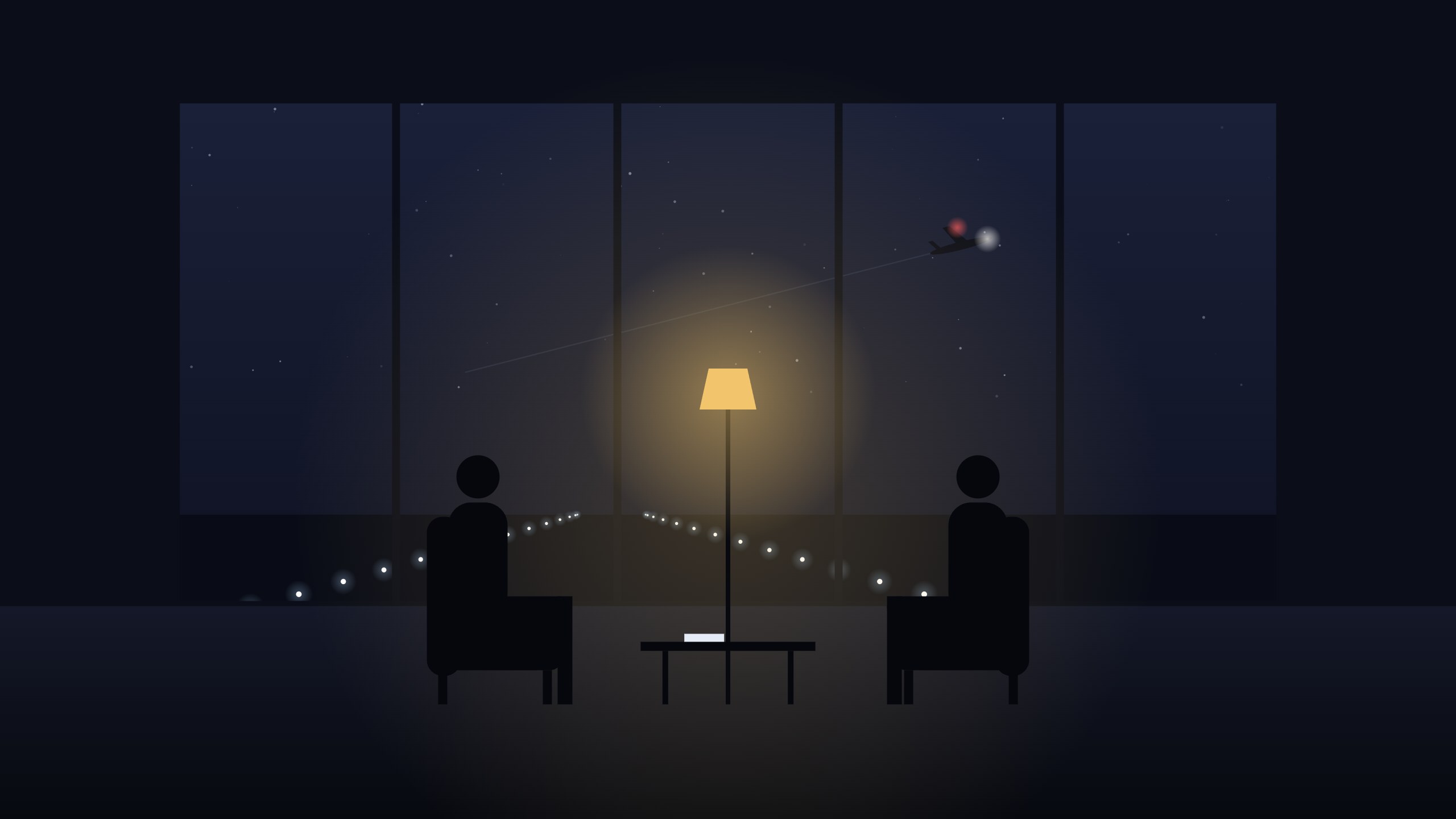 A hotel lobby at night: two figures in armchairs facing each other beside a lamp, a MiniDisc recorder on the table, runway lights beyond the glass.