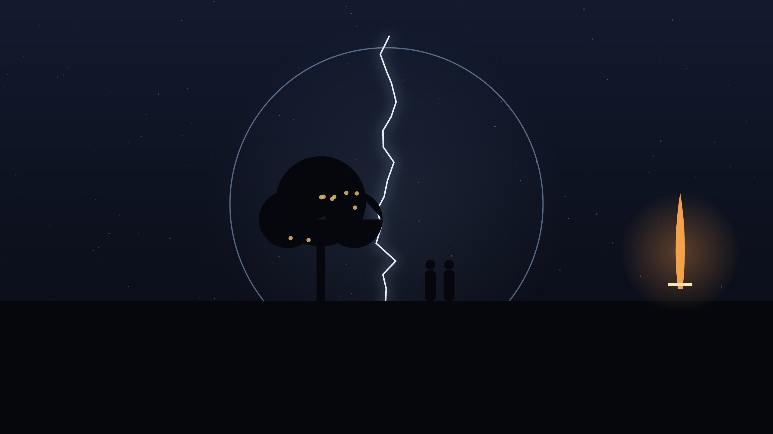 A circle of unity torn by a line of light; a tree on one side, two small figures on the other, a flaming sword at the gate.