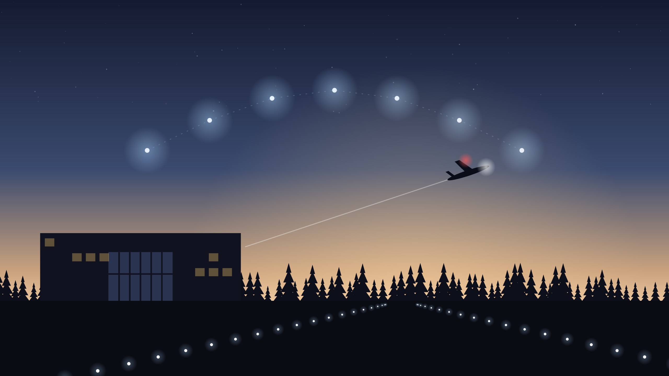 Dawn over the airport: a plane climbing into a warm sky, all seven lights of the arc lit.