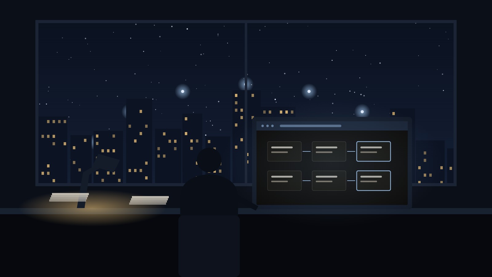 An editor at a desk at night, city lights in the window, a diagram open on the screen.